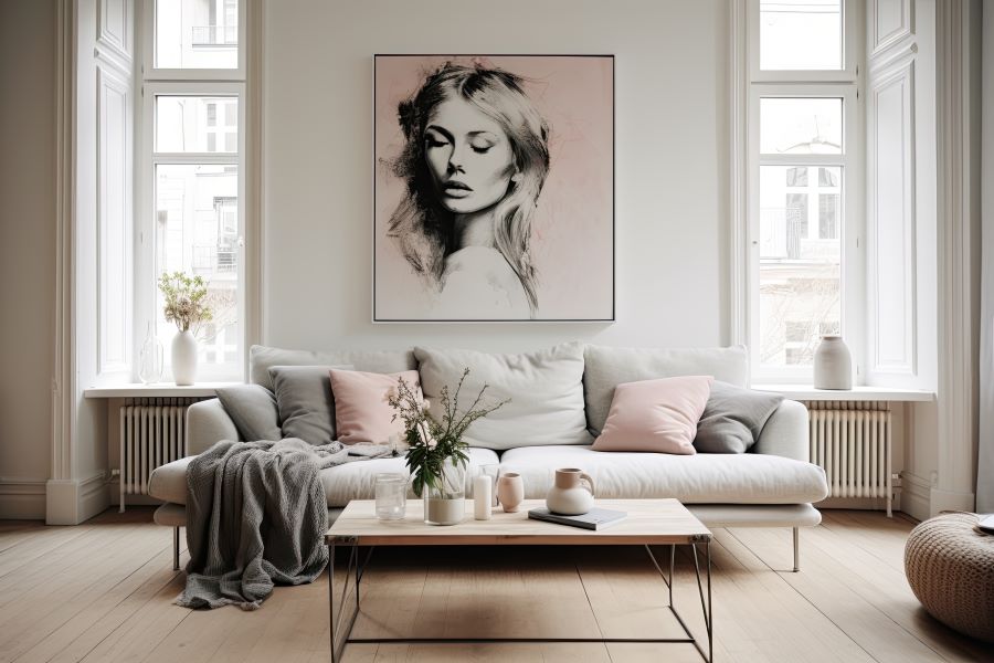 neutral pastel living room with large windows, natural light, a comfy sofa and large female stunning framed print