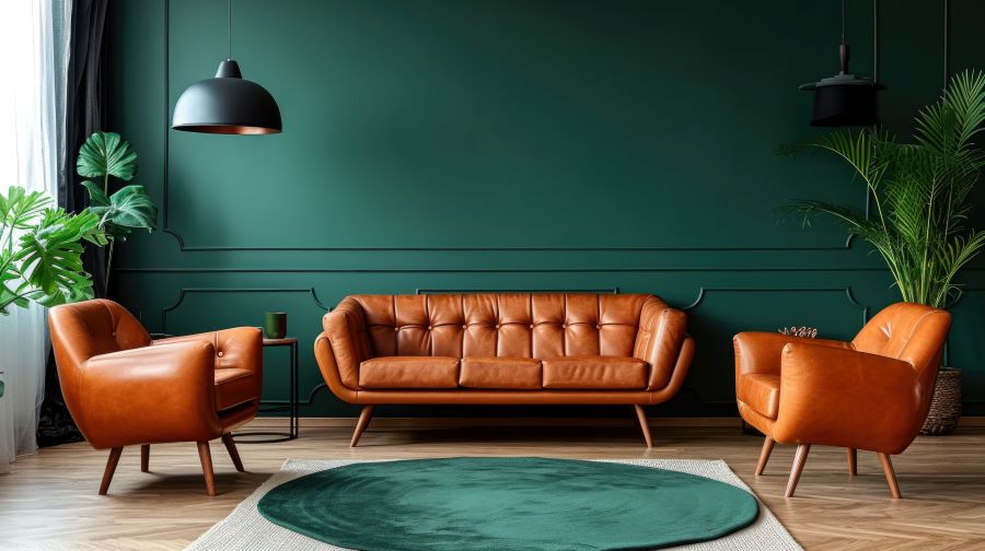 coloured rug, green rug, large living room, wall panelling, green decor, plants, leather sofas