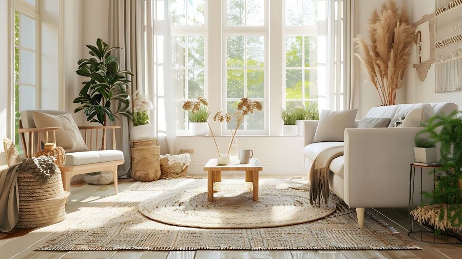 boho rustic living room, natural wooden furniture, natural light, plants, large windo, neutral decor, large patterned natural rug.,layered rug