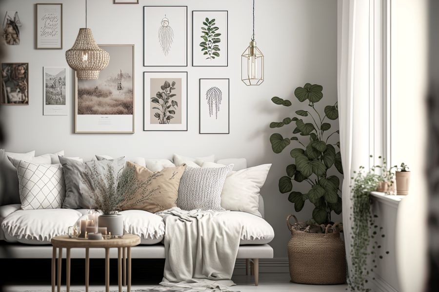 neutral cosy living room, comfy sofa, plant, natural lighting, gallery wall with framed prints on the wall 